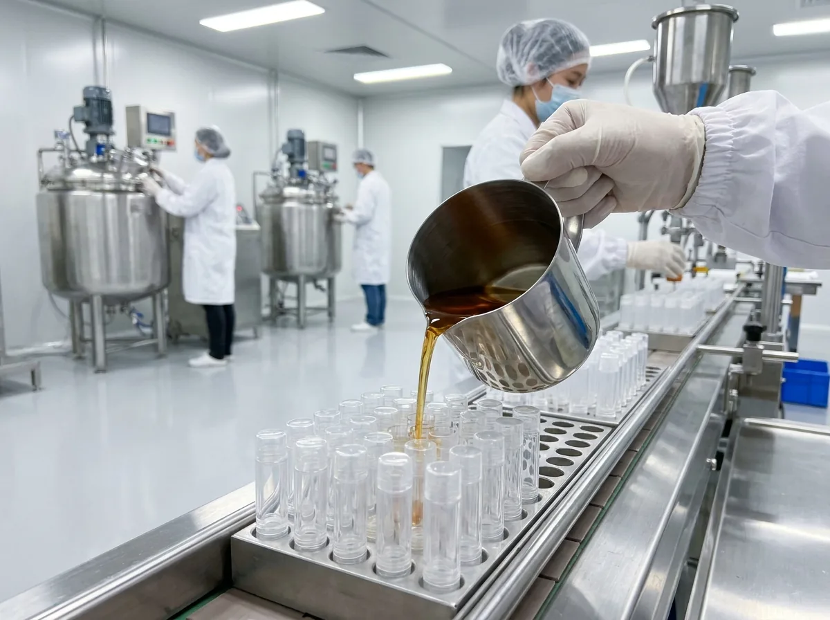 Pouring lip balm into tubes